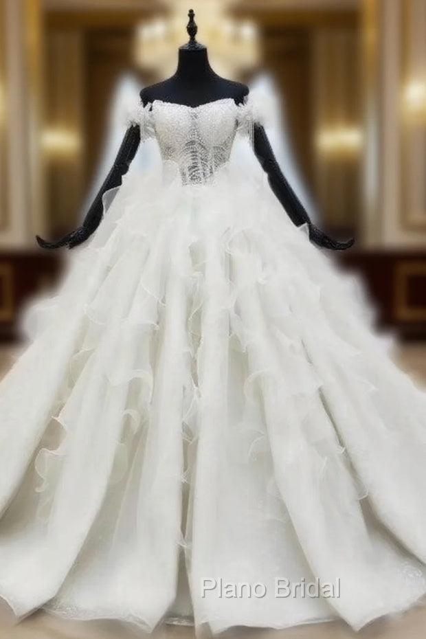 Buy More, Save More White Ball Gown Tulle Sequins Off the Shoulder Beading Wedding Dresses Main image