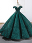Buy The Newest Dark Green Sequins Ball Gown Off The Shoulder Formal Prom Dresses