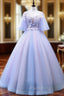 Buy The Newest Purple Ball Gown Tulle Backless See Through V-neck Appliques Quinceanera Dresses