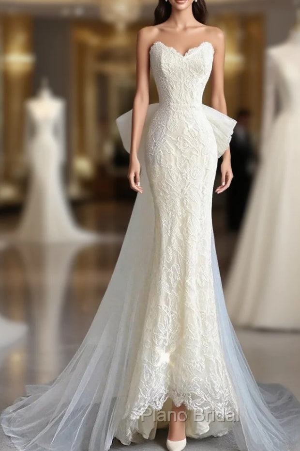 Buyishang Wedding Dresses A-Line Notch lapel collar Long Sleeve Court Train Satin Bridal Gowns With Solid Color Main image