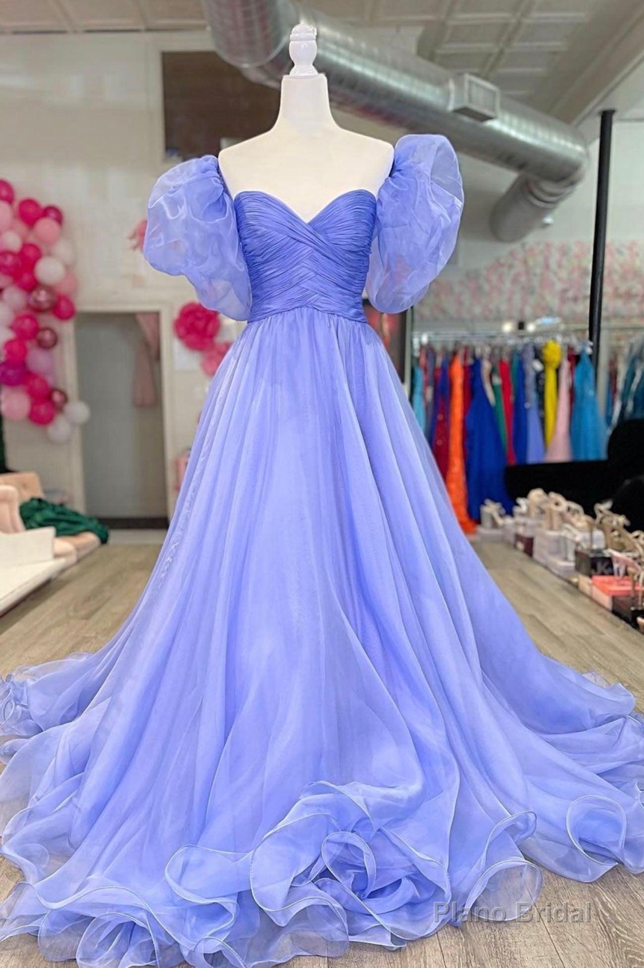 A-Line Organza Long Prom Dress, Lovely Puff Sleeve Evening Dress Main image