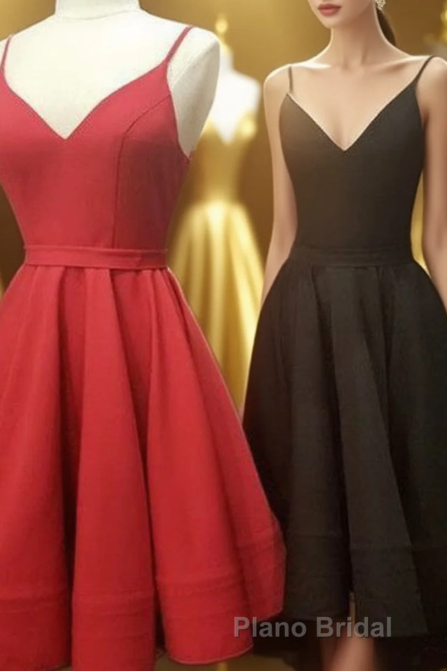 simple real picture red satin spaghetti straps short homecoming Dresses graduation Dresses Main image