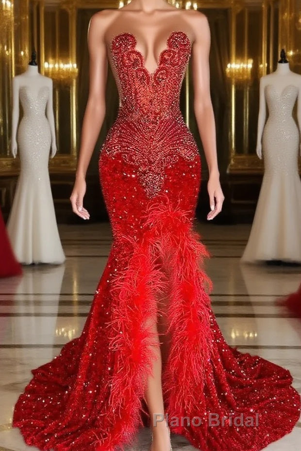 Mermaid Formal Prom Dress with Sequins Sleeveless Split Beadings and Feather Embellishments