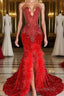Mermaid Formal Prom Dress with Sequins Sleeveless Split Beadings and Feather Embellishments