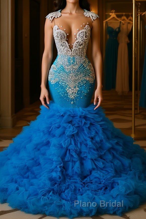 Ocean Blue Mermaid Tulle Ruffle Formal Prom Dress Long With Beadings