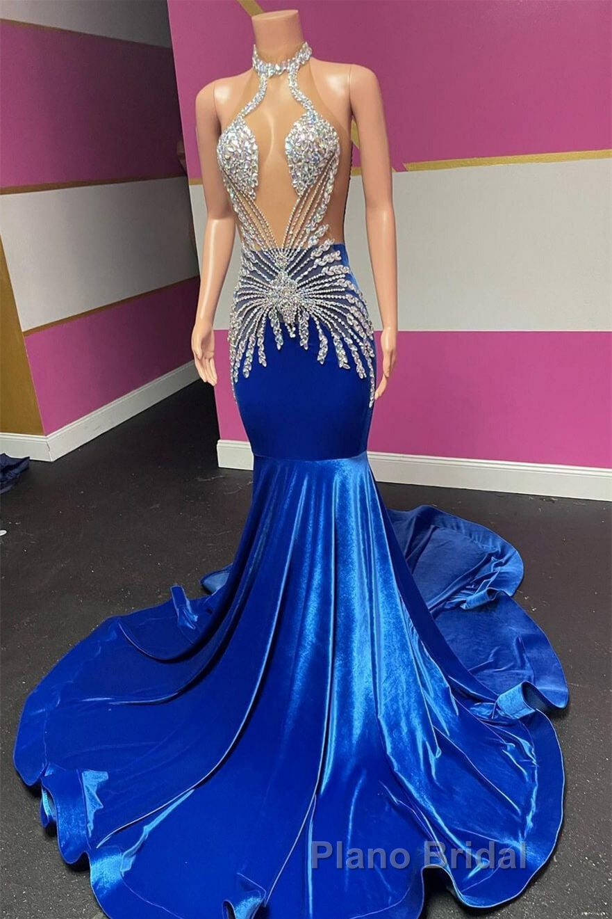 Royal Blue Halter Sleeveless Mermaid Formal Prom Dresses With Beadings Velvet