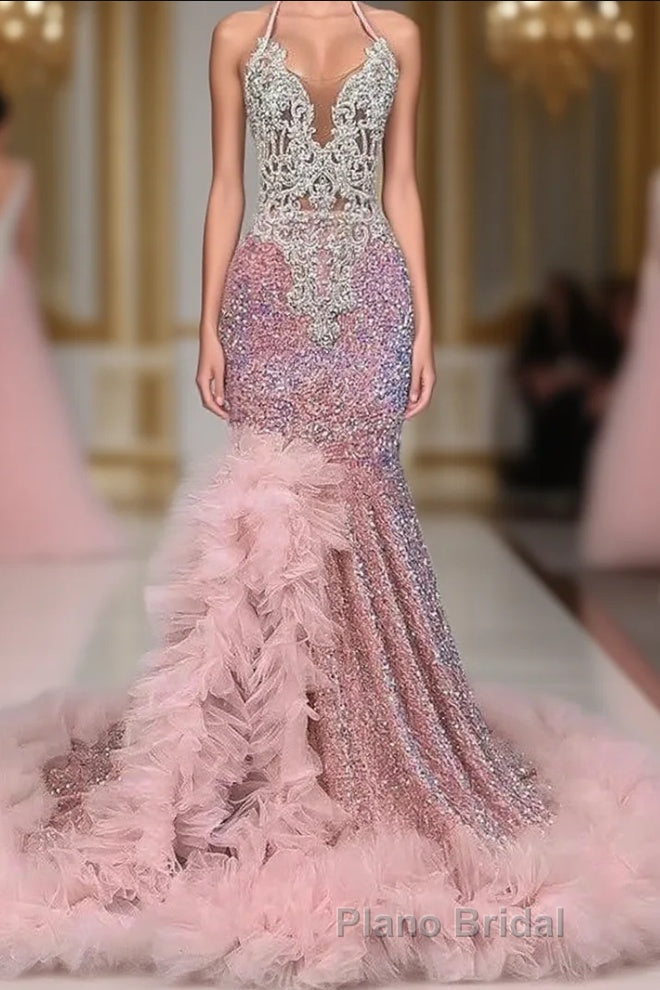 Pink Halter Mermaid Formal Prom Dress with Sequins Beadings and Tulle Ruffle