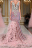 Pink Halter Mermaid Formal Prom Dress with Sequins Beadings and Tulle Ruffle