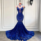 Sequins Royal Blue Sleeveless Mermaid Formal Prom Dress