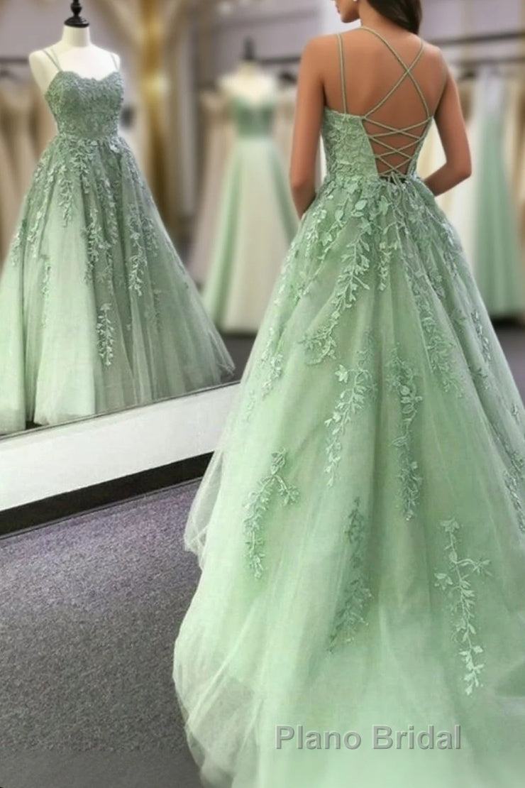 Sage Green Straps Tulle With Lace Train Long Formal Prom Dresses, Sage Green Party Dresses