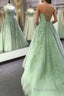 Sage Green Straps Tulle With Lace Train Long Formal Prom Dresses, Sage Green Party Dresses