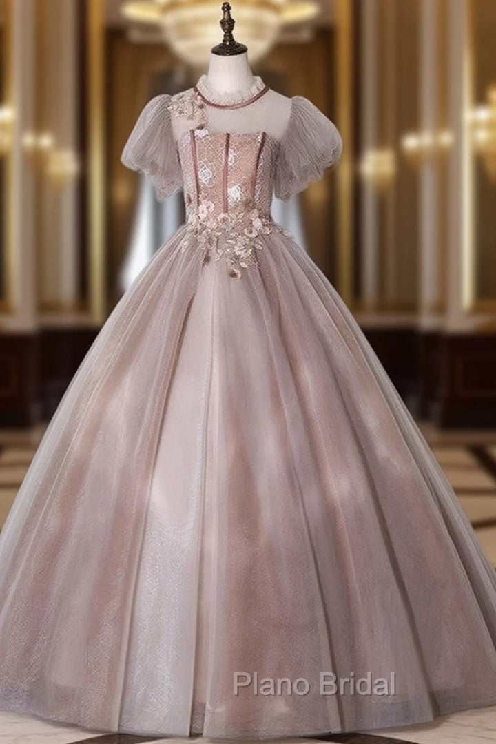 Camel Tulle Appliques Puff Sleeve Backless Quinceanera Dresses