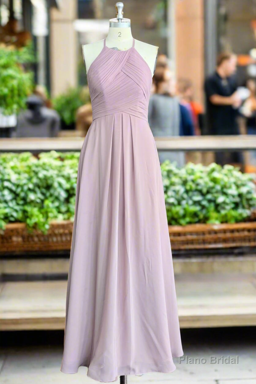 Candy Pink A-Line Halter Sleeveless Pleated Floor-Length Chiffon Bridesmaid Dresses Main image