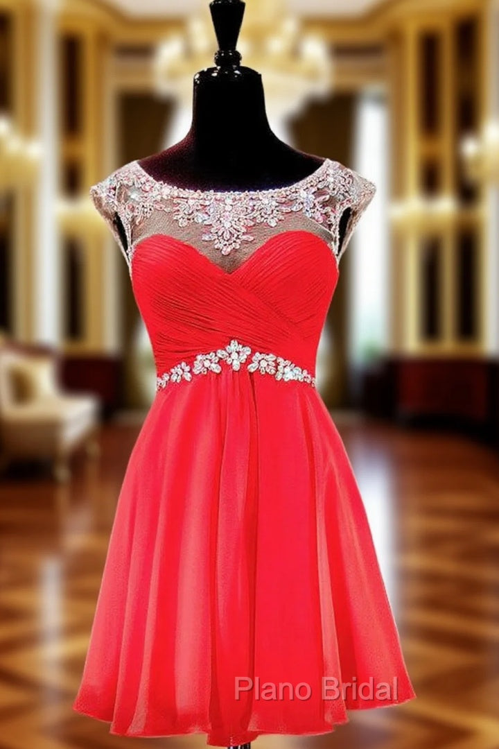 Cap Sleeve Beaded Crystals Backless Red Chiffon Homecoming Dresses Main image