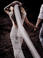 Cap Sleeve Sheath Boho Wedding Dresses Vintage Lace Rustic Wedding Dresses