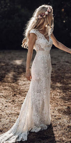 Cap Sleeve Sheath Boho Wedding Dresses Vintage Lace Rustic Wedding Dresses