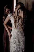 Cap Sleeve Sheath Boho Wedding Dresses Vintage Lace Rustic Wedding Dresses