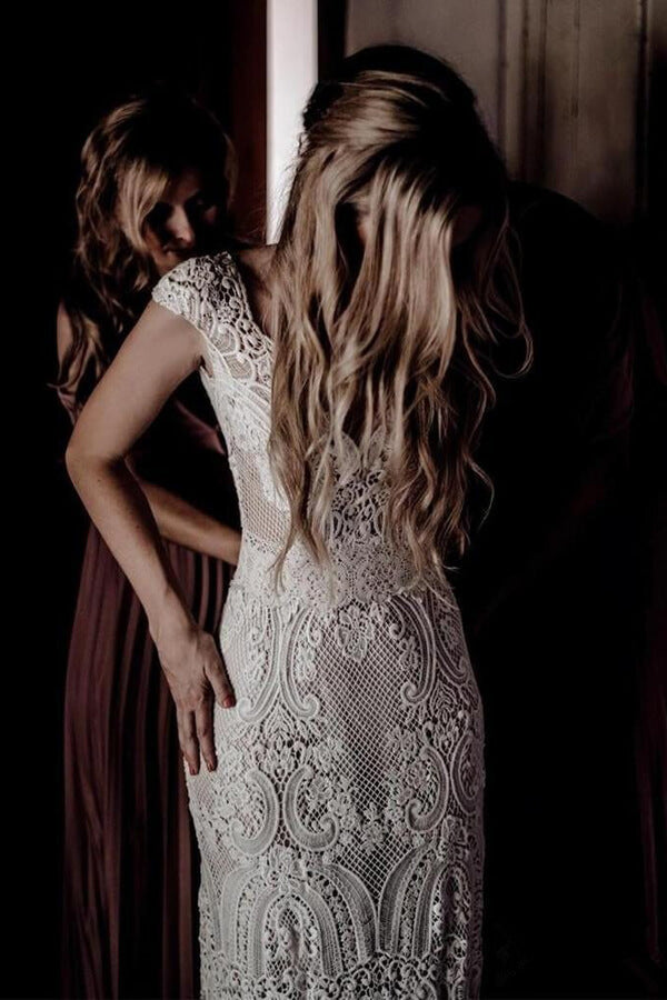 Cap Sleeve Sheath Boho Wedding Dresses Vintage Lace Rustic Wedding Dresses