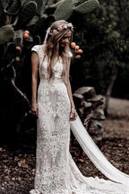 Cap Sleeve Sheath Boho Wedding Dresses Vintage Lace Rustic Wedding Dresses
