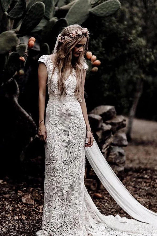 Cap Sleeve Sheath Boho Wedding Dresses Vintage Lace Rustic Wedding Dresses
