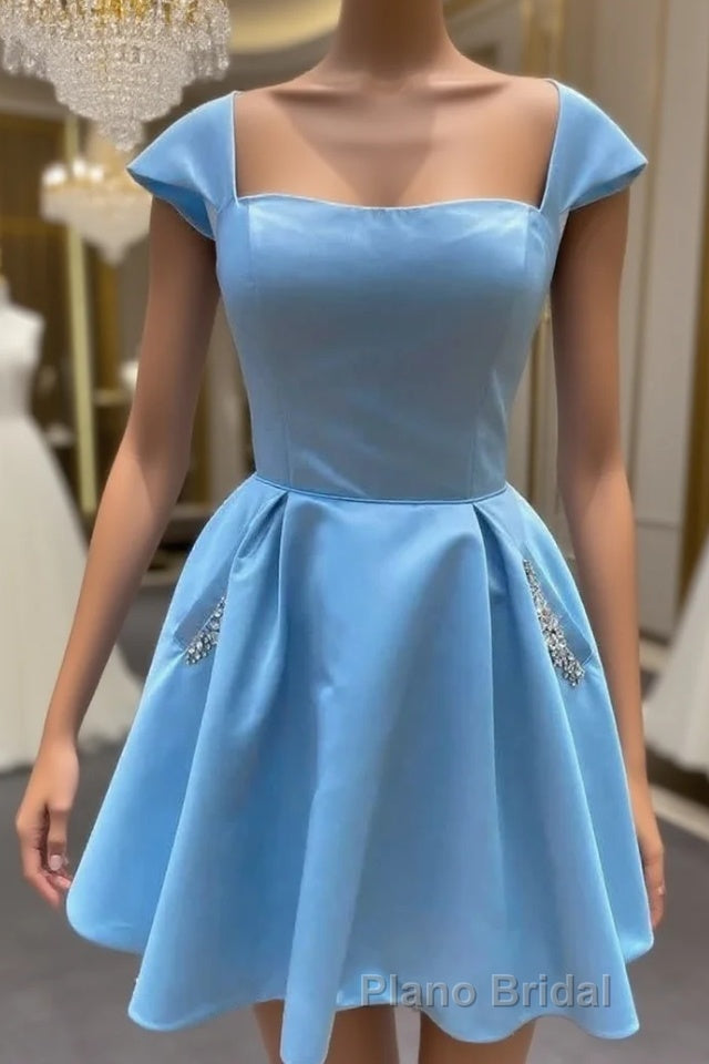 Cap Sleeves Light Sky Blue Satin Short Homecoming Dress With Beaded Bodice Main image