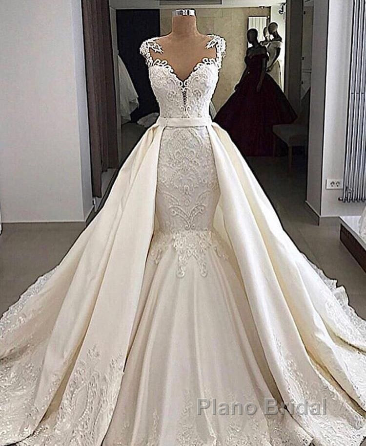 Cap sleeves White Mermaid 2 in 1 Wedding Dresses with Overskirt Secondary image