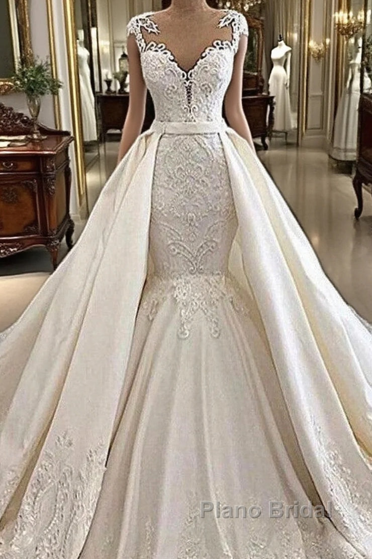 Cap sleeves White Mermaid 2 in 1 Wedding Dresses with Overskirt Main image