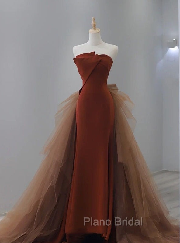 Caramel Color Tulle Strapless Formal Prom Dresses