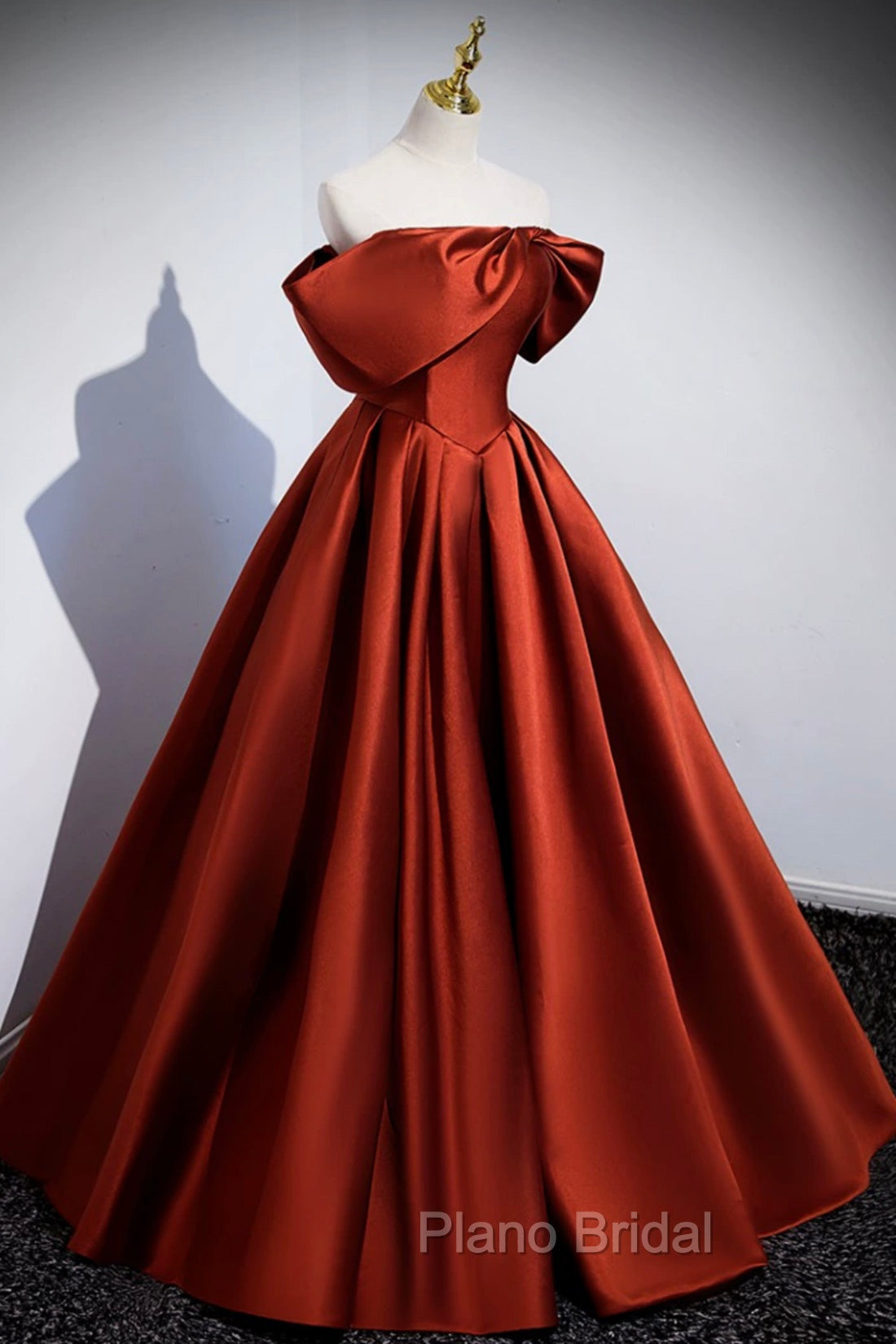 Caramel Floor Length Satin Formal Dresses, Cute Off Shoulder A-line Evening Dresses Secondary image