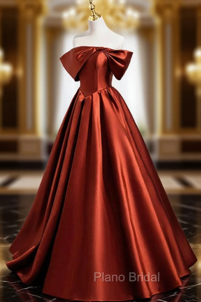 Caramel Floor Length Satin Formal Dresses, Cute Off Shoulder A-line Evening Dresses Main image