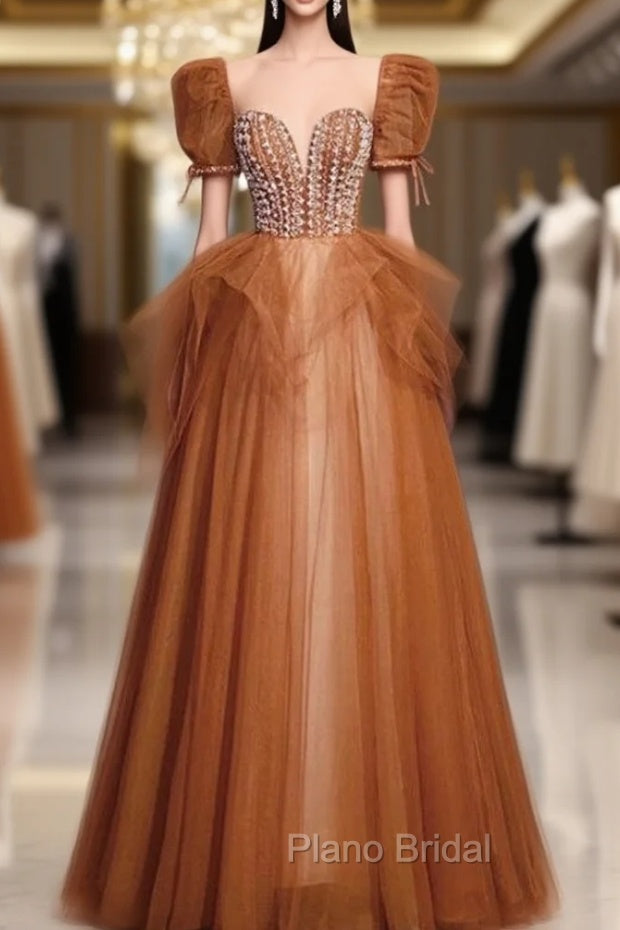 Caramel Tulle Puff Sleeve Beading Formal Prom Dresses