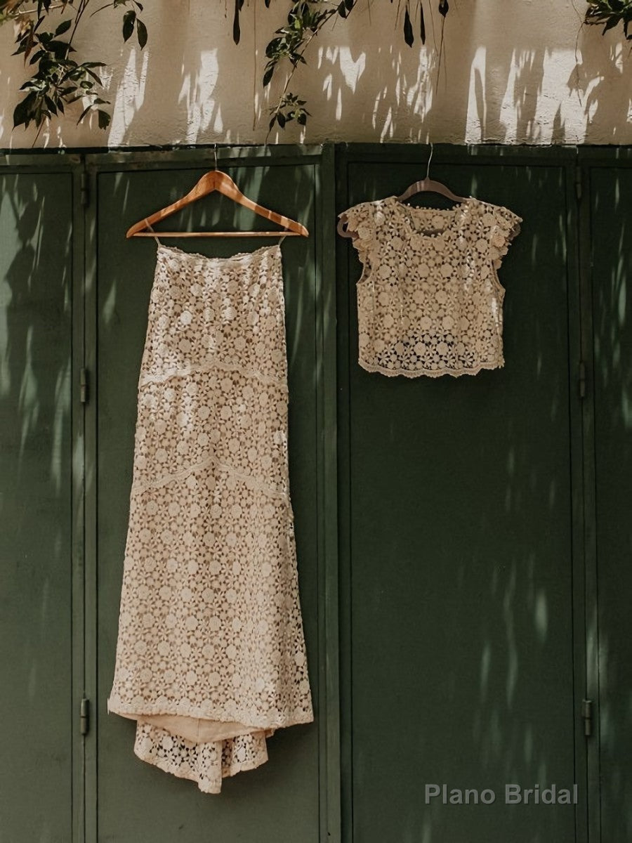 Casual Mermaid Long Two Piece Lace Wedding Dress,Crop Top Bridal Separates Main image