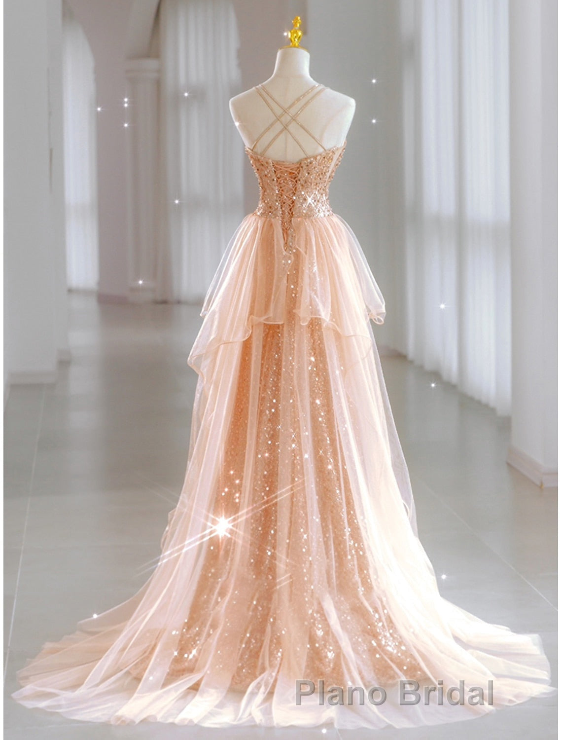 A-Line Formal Prom Dresses Sparkle & Shine Dresses Wedding Guest Sweet 16 Floor Length Sleeveless Sweetheart Tulle with Sequin Masquerade Dresses Secondary image