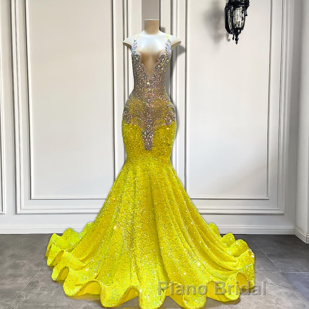 Yellow V-Neck Sleeveless Mermaid Formal Prom Dresses Featuring Beadings and Sequins Secondary image