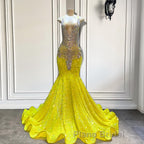 Yellow V-Neck Sleeveless Mermaid Formal Prom Dresses Featuring Beadings and Sequins