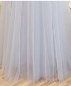 Gray A Line Off Shoulder Floor Length Formal Prom Dresses, Lace Evening Dresses