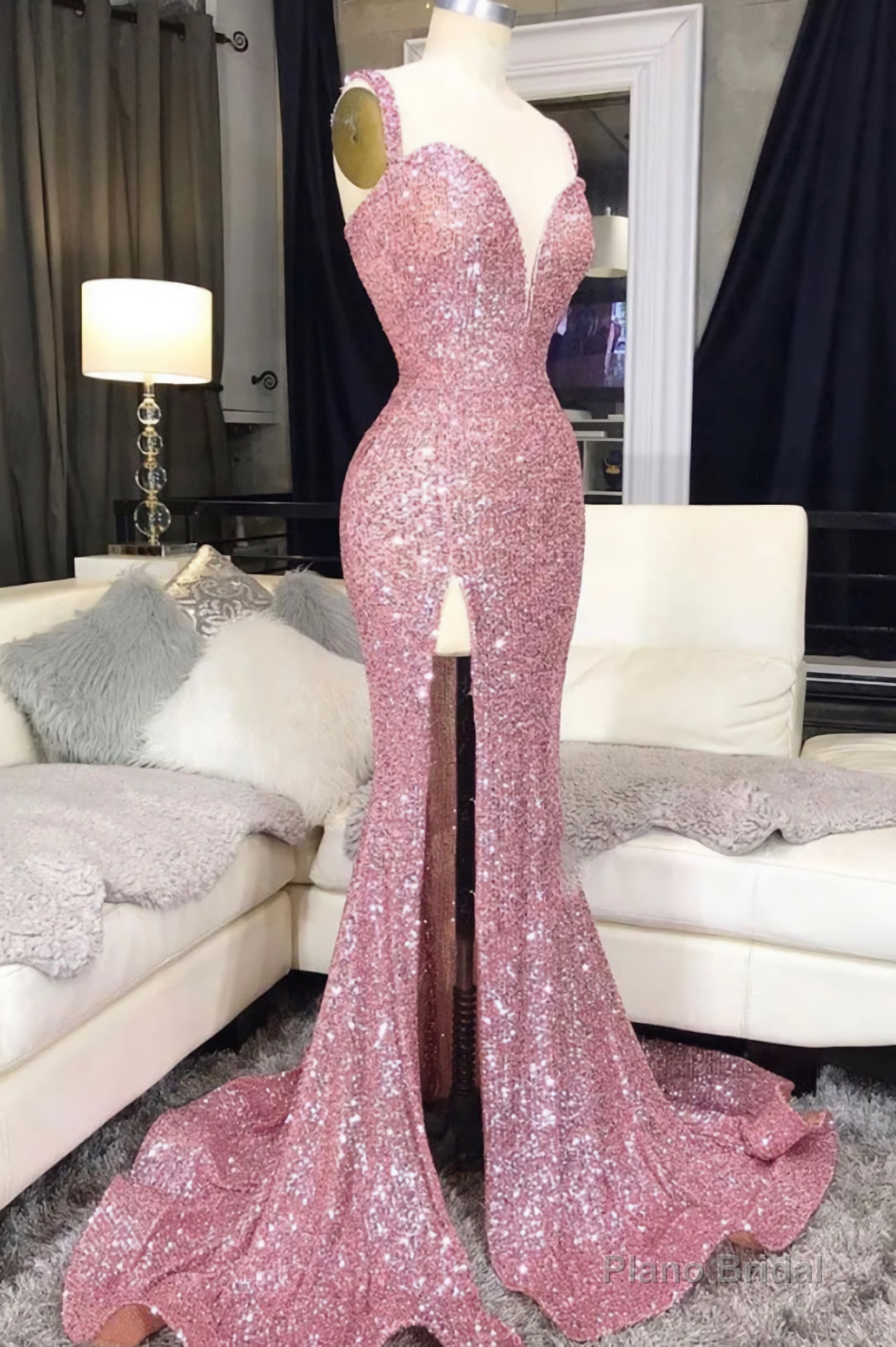 Pink Sweetheart Sequin Mermaid Long Prom Dress, Pink Evening Dress Main image