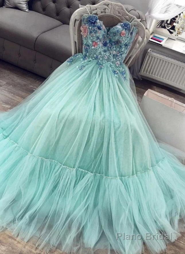 A Line Mint Green Sweetheart Tulle Appliques Long Prom Dresses Secondary image