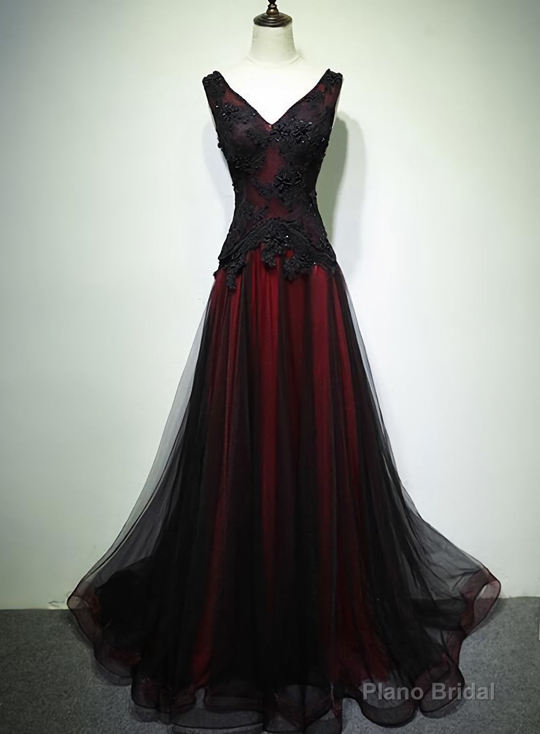 Gorgeous Black And Red V Neckline Tulle Beaded Prom Dress, Long Evening Gown Main image