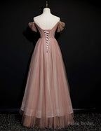 Dark Pink Tulle Beaded Layer Tulle Long Evening Dress, Charming Prom Dress