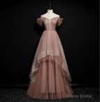 Dark Pink Tulle Beaded Layer Tulle Long Evening Dress, Charming Prom Dress