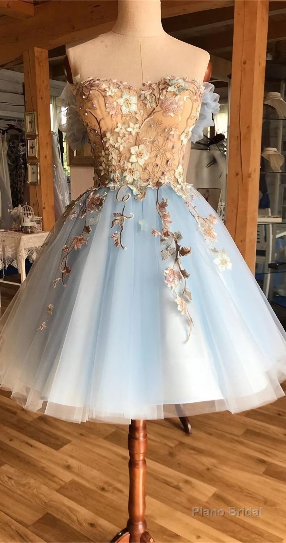 A Line Off The Shoulder Above Knee Light Blue Homecoming Dress, With Appliques Main image