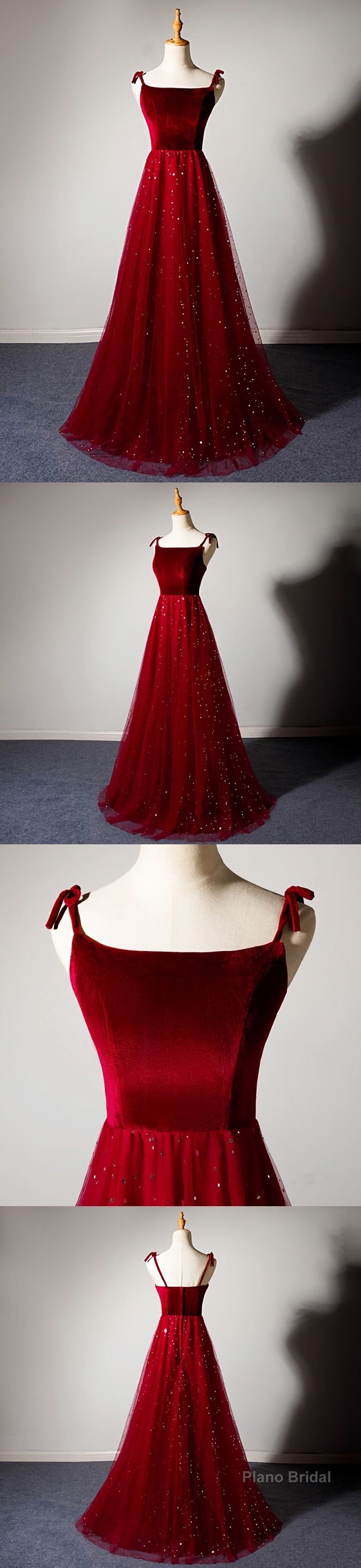Sparkly Tulle Long Prom Dress, A Line Spaghetti Straps Burgundy Prom Evening Dress Main image