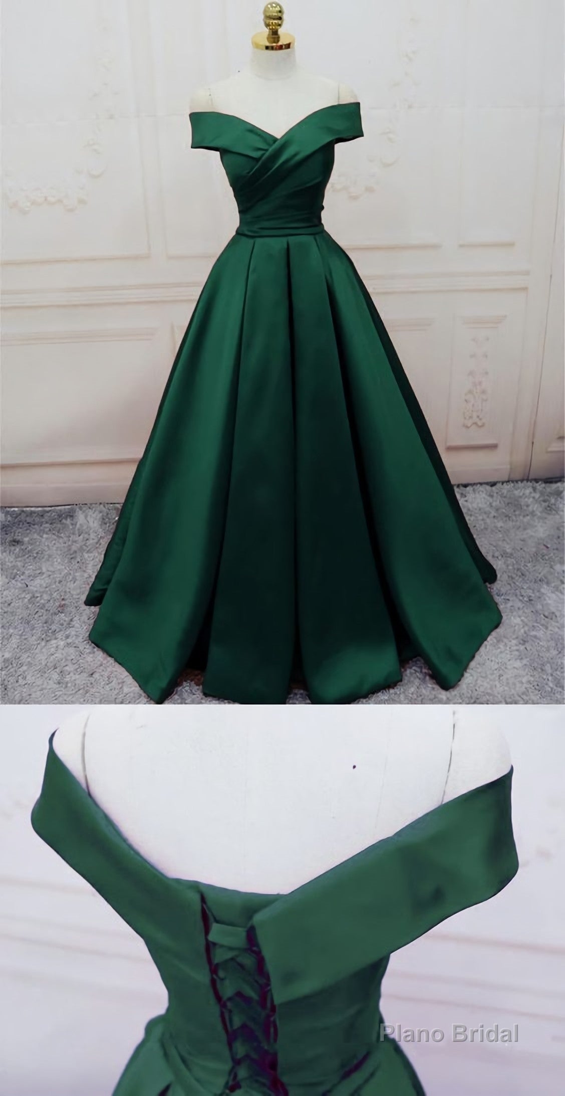 Emerald Green Long Satin Evening Dresses, V Neck Off The Shoulder Prom Dresses Main image