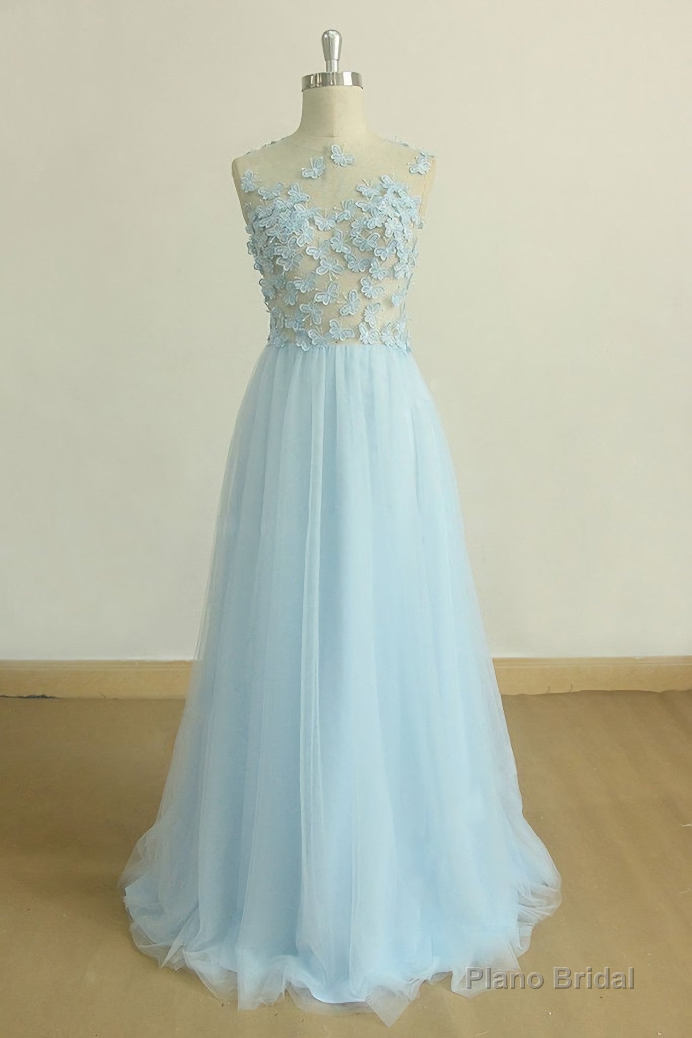 A Line Round Neck Baby Blue Lace Long Prom Dress, With Butterfly Main image