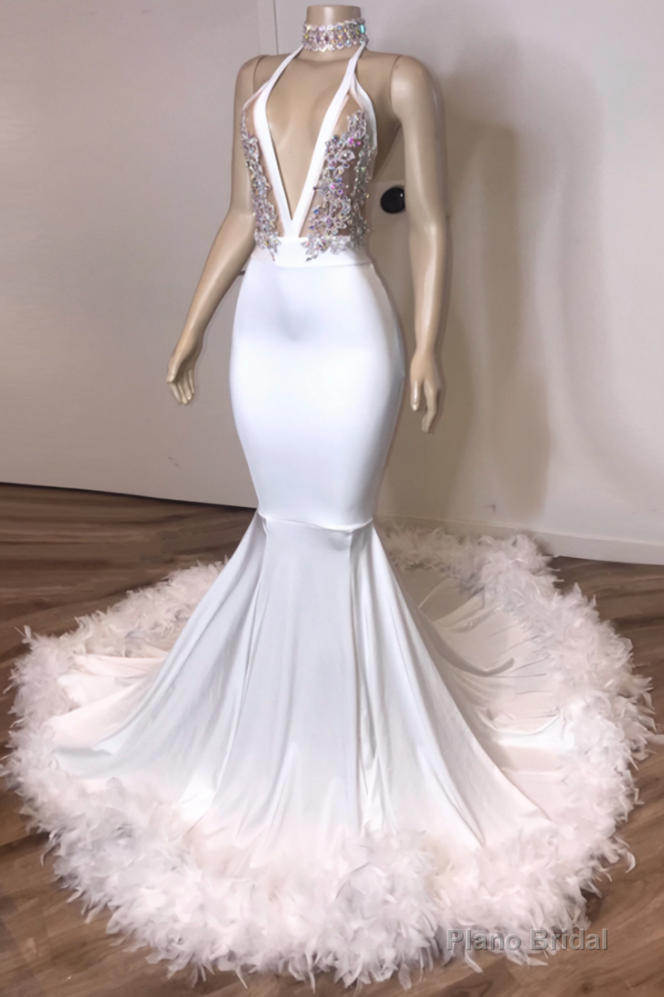 Black Girl Prom Dresses, V Neck Sexy Backless White Prom Dresses, With Feather Main image