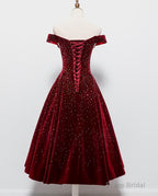 Beautiful Wine Red Tea Length Sweetheart Party Dress, Velvet Bridesmaid Dress, Prom Dress