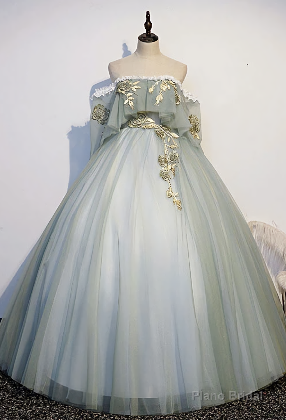 Green Tulle Lace Long Prom Dress, Green Tulle Lace Formal Dress Main image