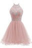 Beaded Halter Homecoming Dress, Short Tulle Dress
