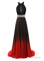 Beautiful Gradient Color Halter Beaded Party Dress, Red And Black Prom Dress